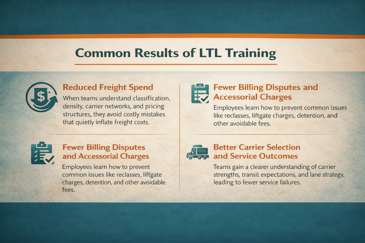 Infographic detailing the common results of LTL (Less Than Truckload) training on a textured background.