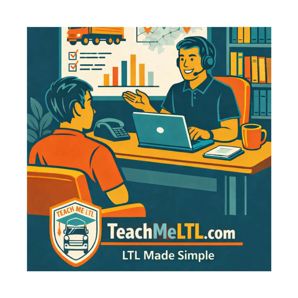 Illustration of two people working at a desk with a computer, surrounded by books and a truck graphic, on a blue background with 'LTL Consulting' text.
